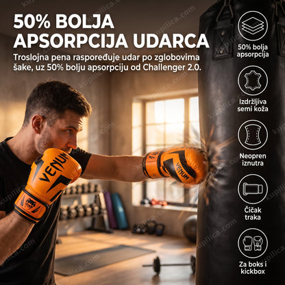 Osoba trenira na boks vreći u narandžastim Venum Challenger 3.0 rukavicama