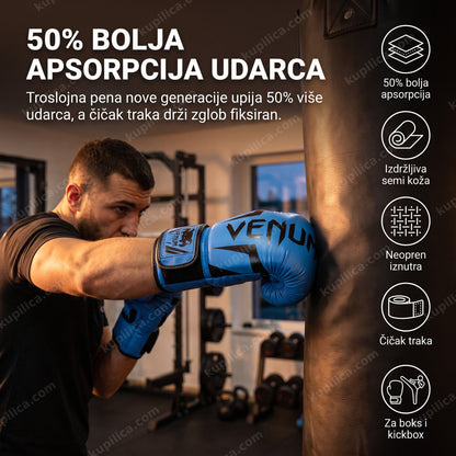 Osoba trenira na boks vreći u plavim Venum Challenger 3.0 rukavicama
