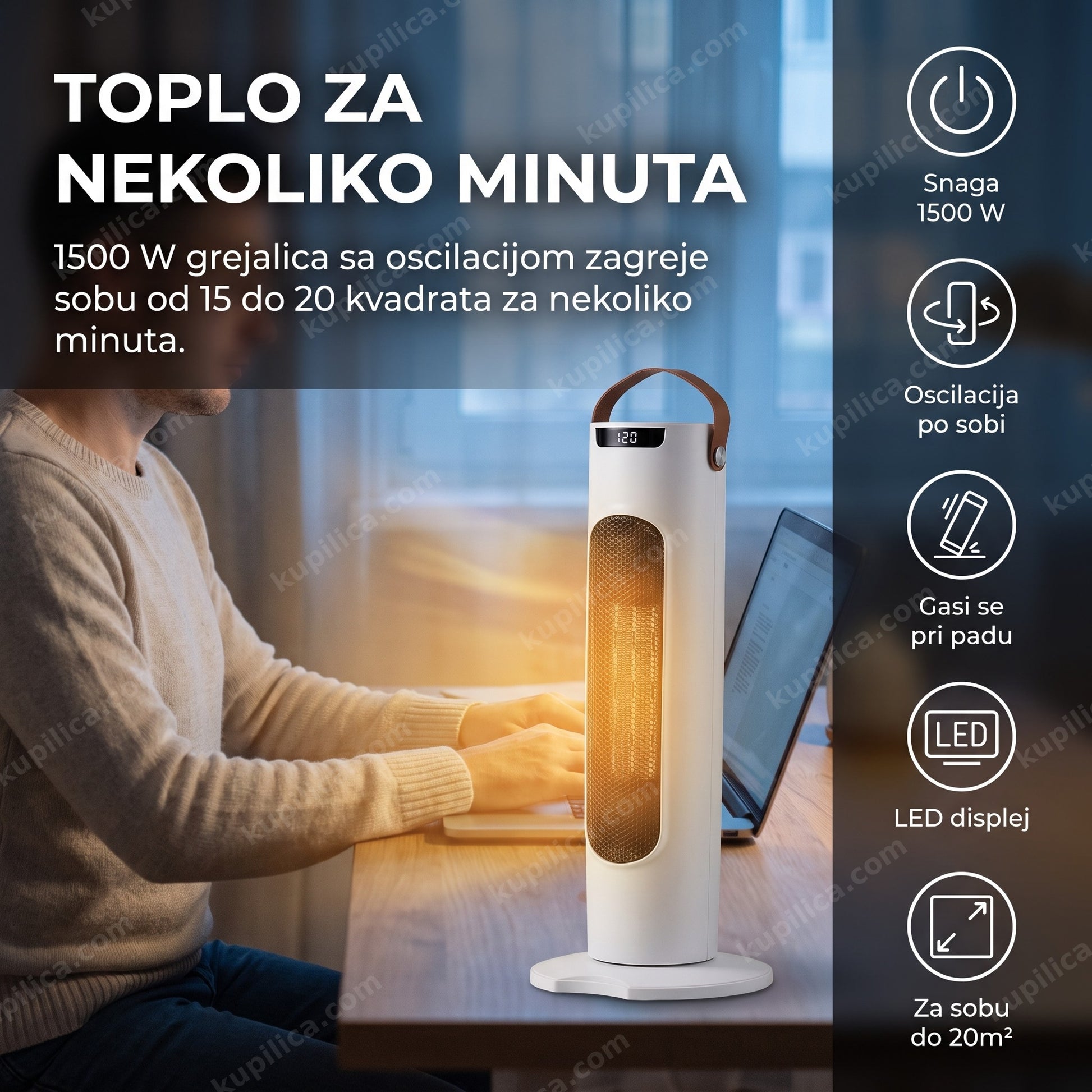 Vertikalna grejalica 1500W sa oscilacijom greje sobu u kućnoj radnoj sobi