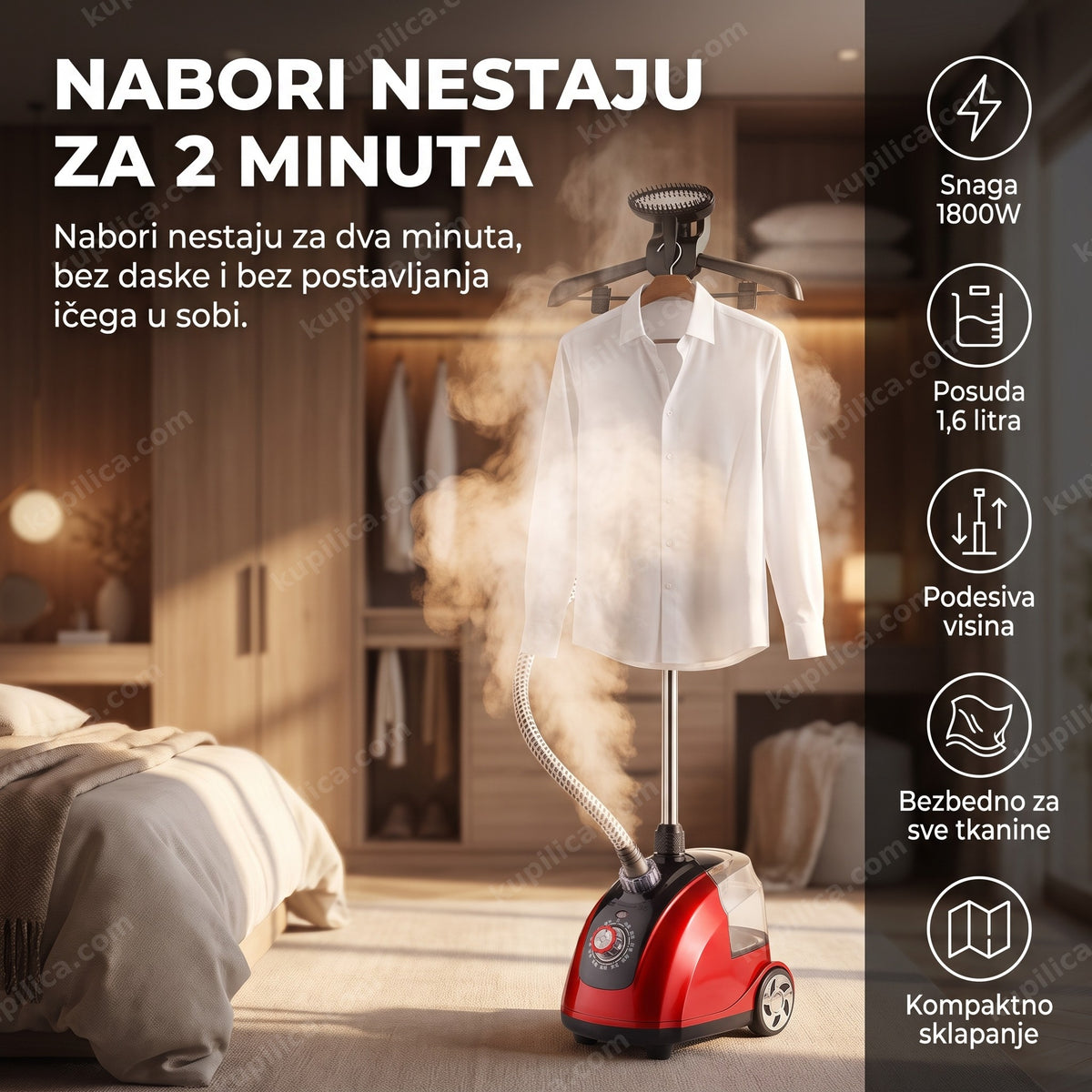 vertikalna pegla na paru peglanje košulje na vešalici uz paru u garderoberu, prikaz benefiti proizvoda