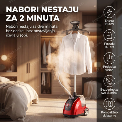 vertikalna pegla na paru peglanje košulje na vešalici uz paru u garderoberu, prikaz benefiti proizvoda