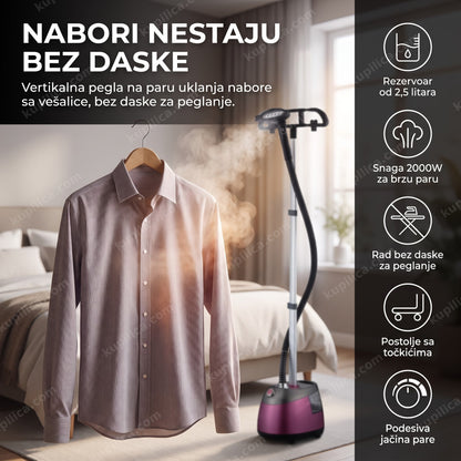bordo vertikalna pegla na paru sa parom koja izlazi dok pegla košulju na vešalici, benefiti proizvoda