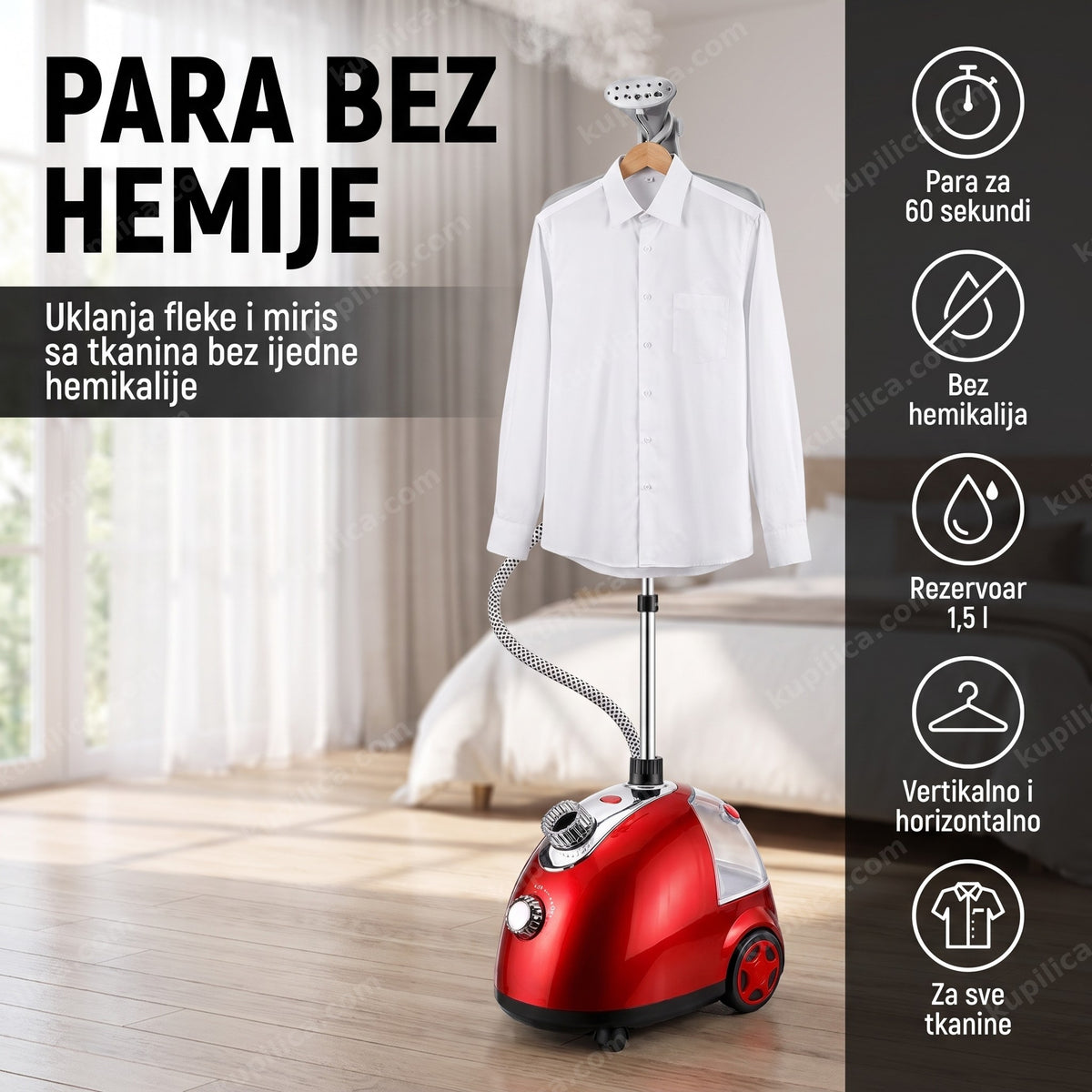 vertikalni paročistač i pegla na paru peglanje košulje na vešalici