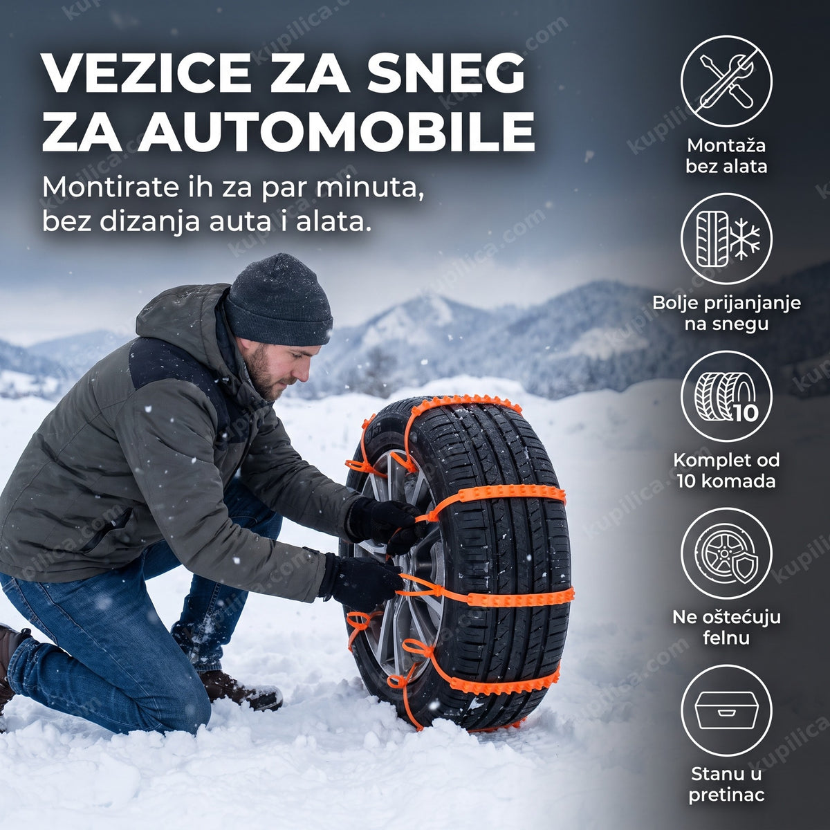 točak automobila sa montiranim narandžastim vezicama za sneg, benefiti proizvoda