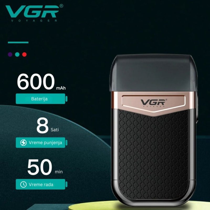 infografika na srpskom o bateriji trimera VGR V-331: 600mAh, 8 sati punjenja