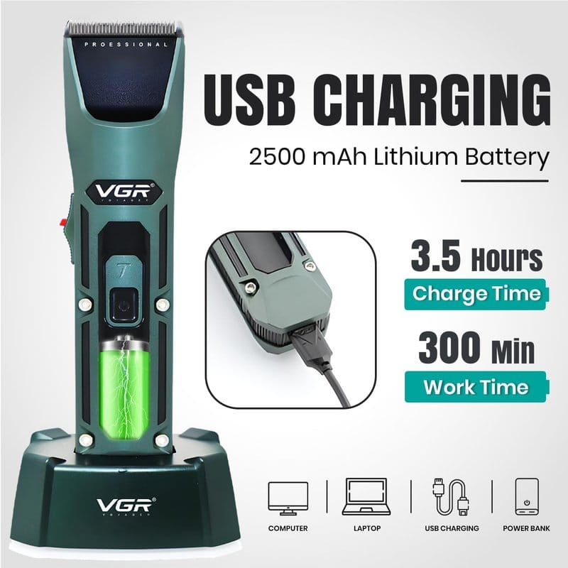 infografika baterije mašinice VGR V-696: 2500mAh, USB punjenje za 3.5 sata