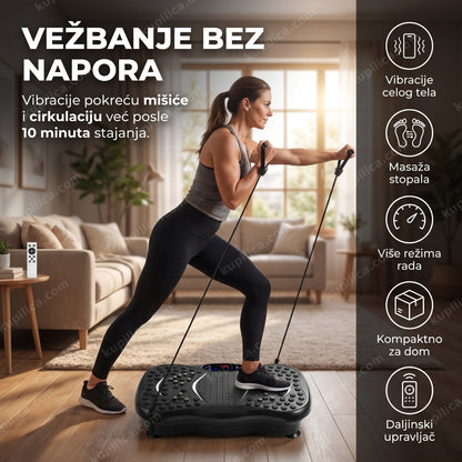 žena vežba sa elastičnim trakama na vibracionoj platformi u dnevnoj sobi, benefiti proizvoda