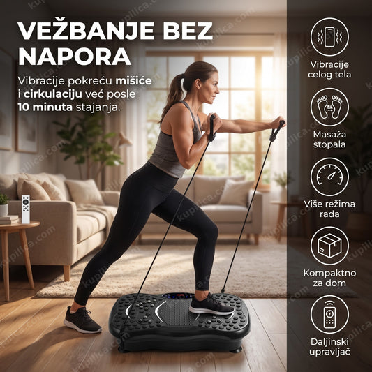 žena vežba sa elastičnim trakama na vibracionoj platformi u dnevnoj sobi, benefiti proizvoda