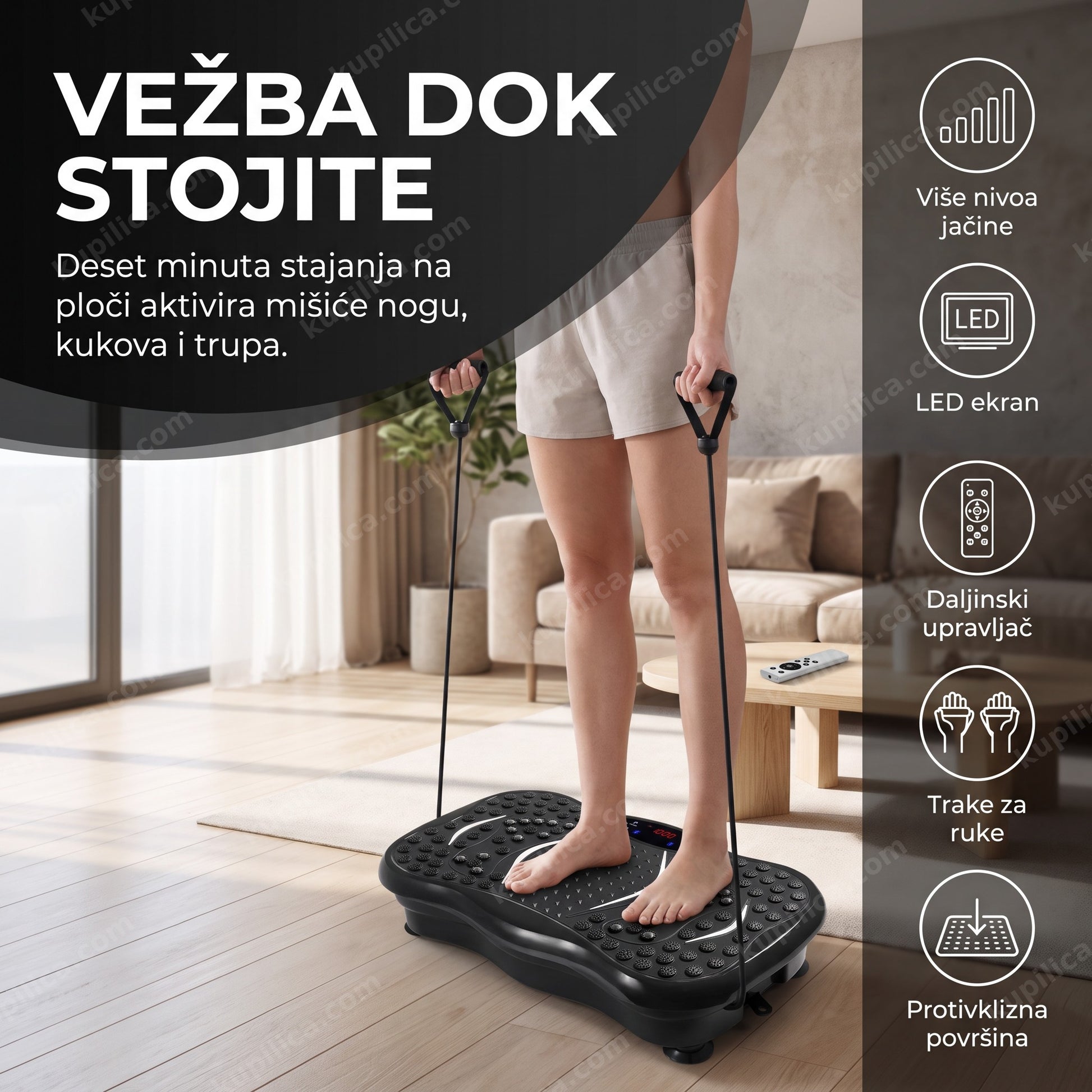 Osoba stoji na vibracionoj ploči za mršavljenje sa elastičnim trakama u rukama