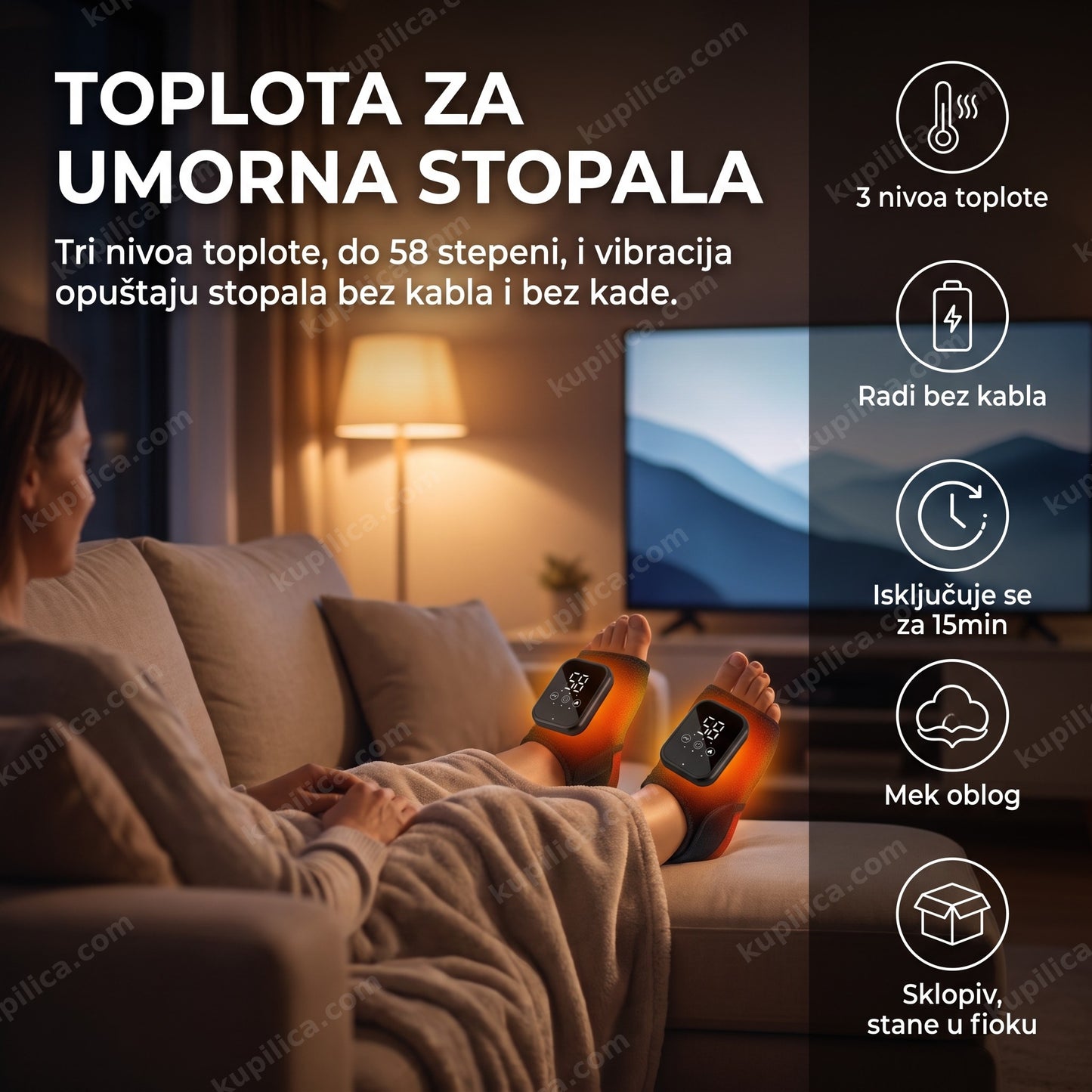 Osoba opušta stopala u vibracionom masažeru sa grejanjem uveče na kauču