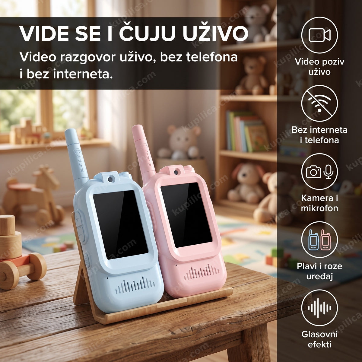 video voki toki set za decu, plavi i roze uređaj na stolu sa ugašenim ekranima, benefiti proizvoda
