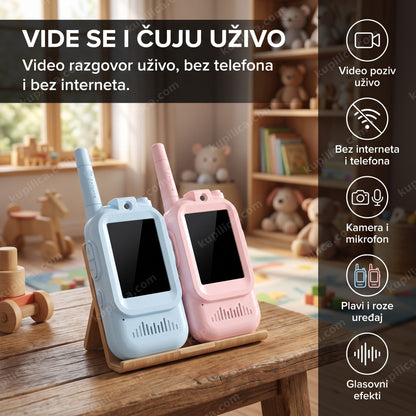 video voki toki set za decu, plavi i roze uređaj na stolu sa ugašenim ekranima, benefiti proizvoda