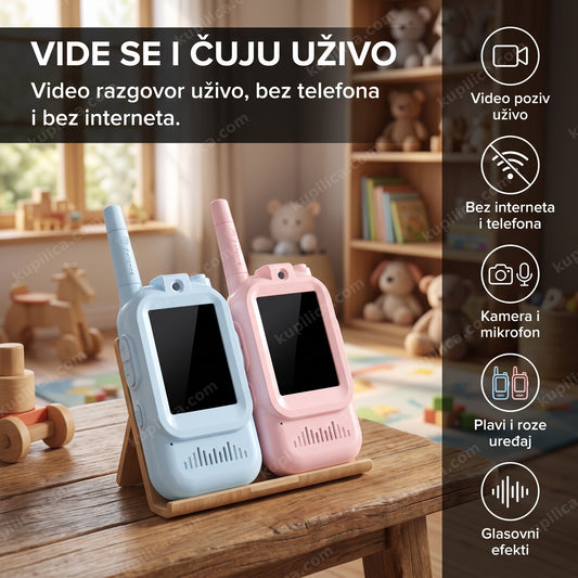 video voki toki set za decu, plavi i roze uređaj na stolu sa ugašenim ekranima, benefiti proizvoda
