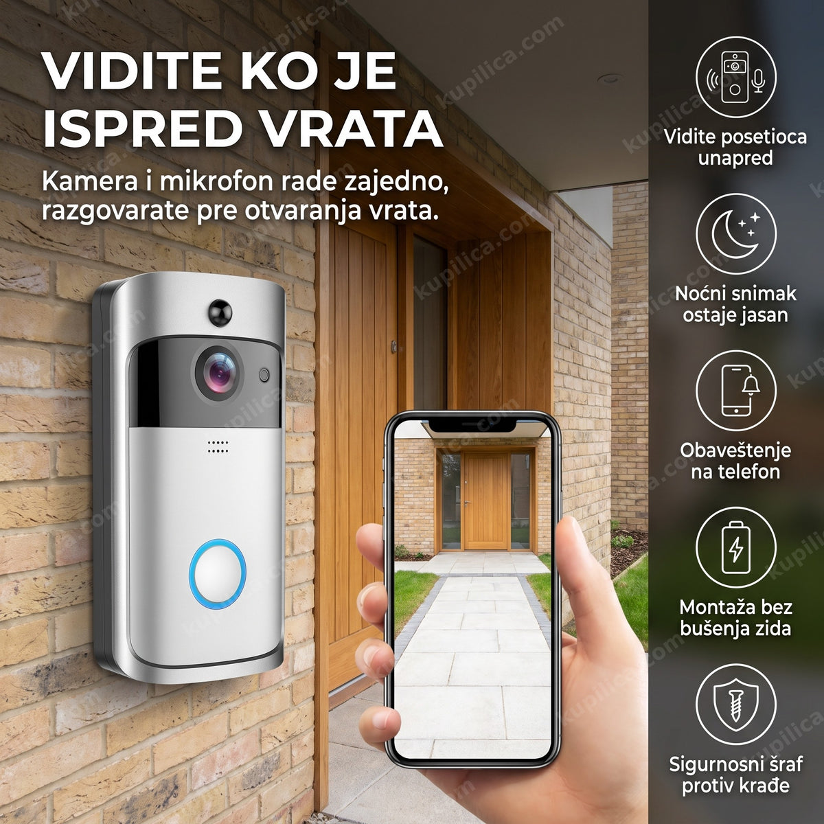 WiFi video zvono na dovratku sa praznim prilazom kući na ekranu telefona, benefiti proizvoda