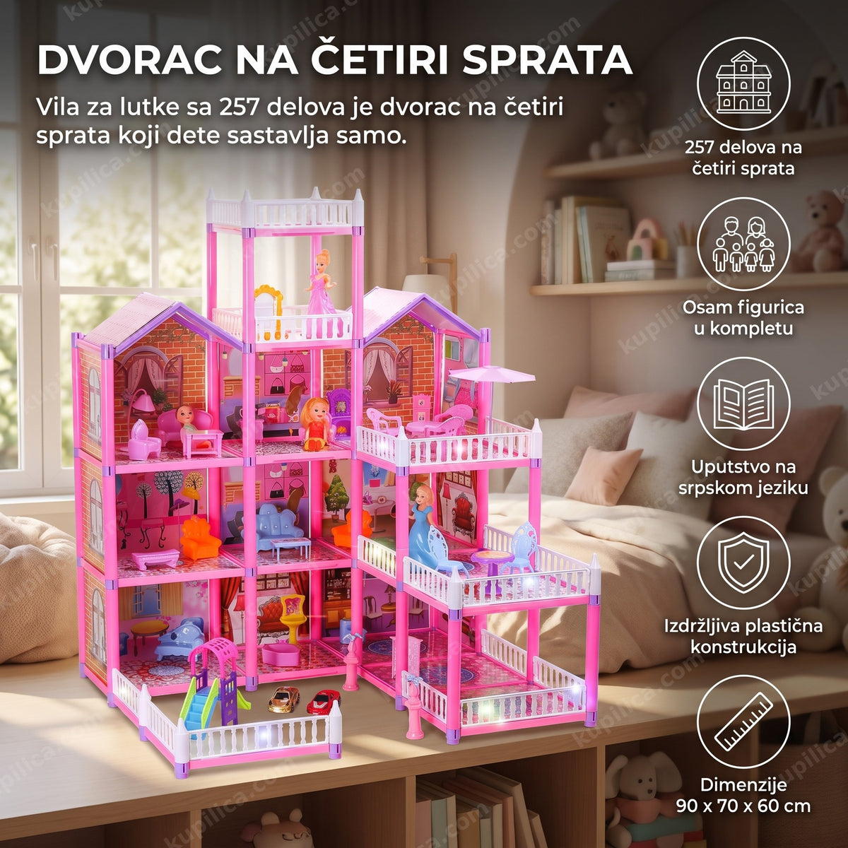 vila za lutke sa 257 delova sastavljen dvorac na četiri sprata na polici u dečijoj sobi, benefiti proizvoda