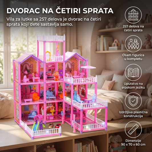 vila za lutke sa 257 delova sastavljen dvorac na četiri sprata na polici u dečijoj sobi, benefiti proizvoda
