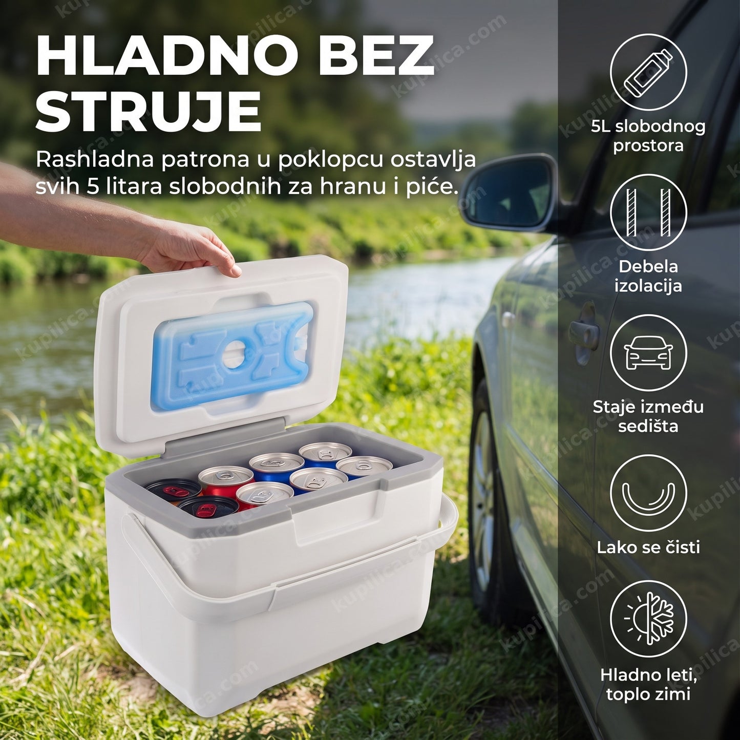 Prenosni ručni frižider Vilde Orion 5L otvoren pored automobila na putovanju
