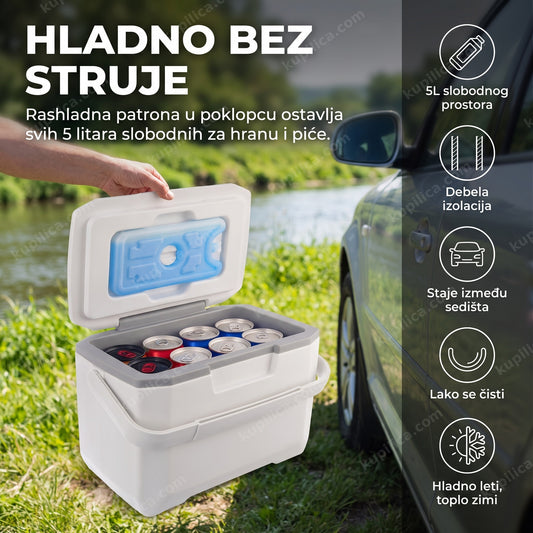 Prenosni ručni frižider Vilde Orion 5L otvoren pored automobila na putovanju