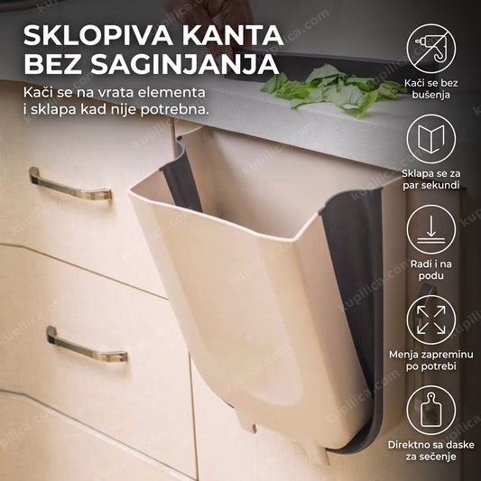 bež sklopiva viseća kanta za smeće okačena na vrata kuhinjskog elementa