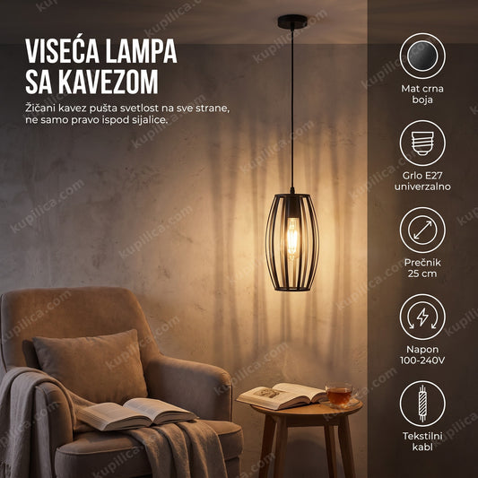 Crna viseća lampa sa žičanim kavezom iznad fotelje za čitanje, prikaz benefita