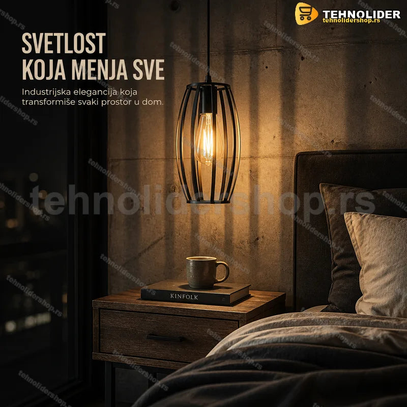 viseća lampa sa ovalnim kavezom iznad trpezarijskog stola