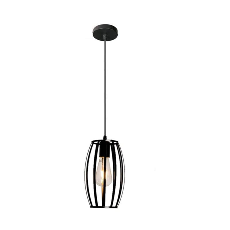 crna metalna viseća lampa sa žičanim kavezom, pogled iz ugla