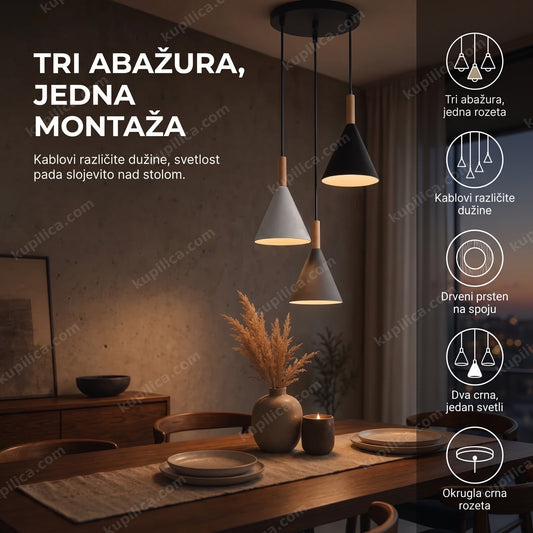 viseća lampa sa tri konusna abažura iznad dugačkog trpezarijskog stola uveče, benefiti proizvoda