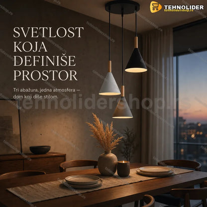 Viseća lampa sa tri konusna abažura u crno-prirodnoj kombinaciji