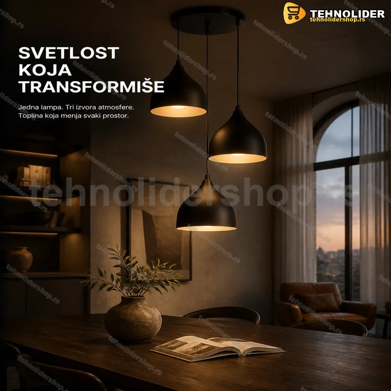 viseća lampa sa tri kupe crna na beloj pozadini