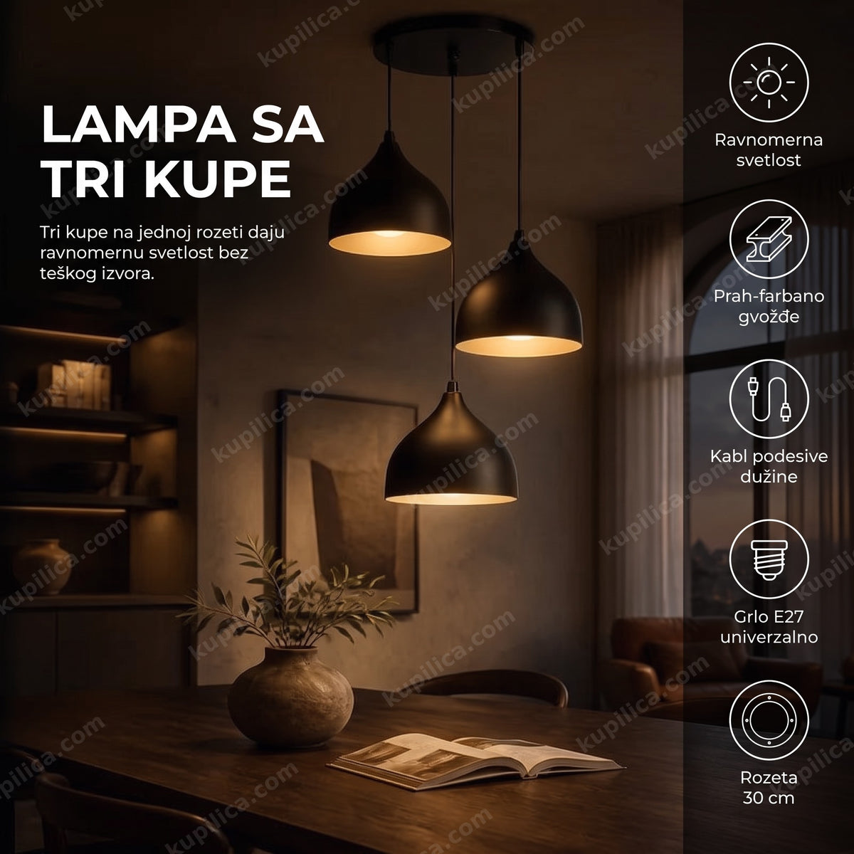 Crna viseća lampa sa tri kupe iznad trpezarijskog stola