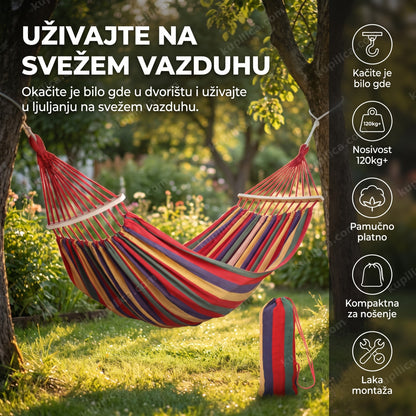 viseća ležaljka za dvorište okačena između drveća u bašti, benefiti proizvoda