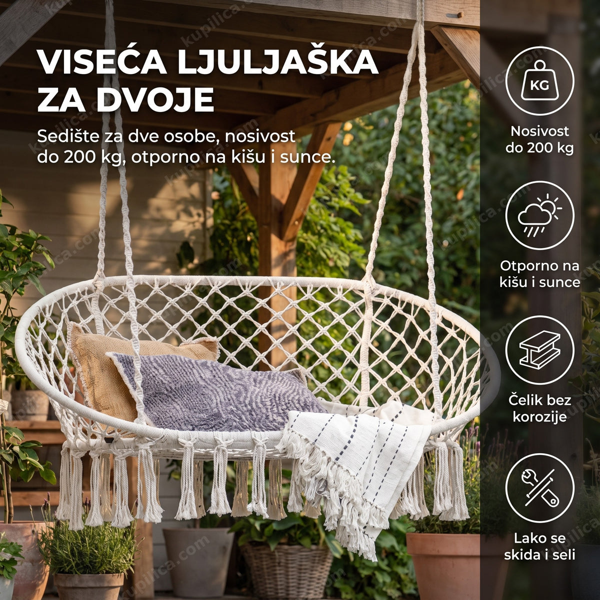 Bež viseća ljuljaška dvosed sa resama na natkrivenom tremu, prikaz benefita proizvoda