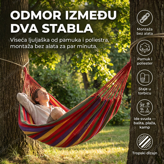 odrasla osoba se opušta u tropskoj ljuljašci u dvorištu, benefiti proizvoda