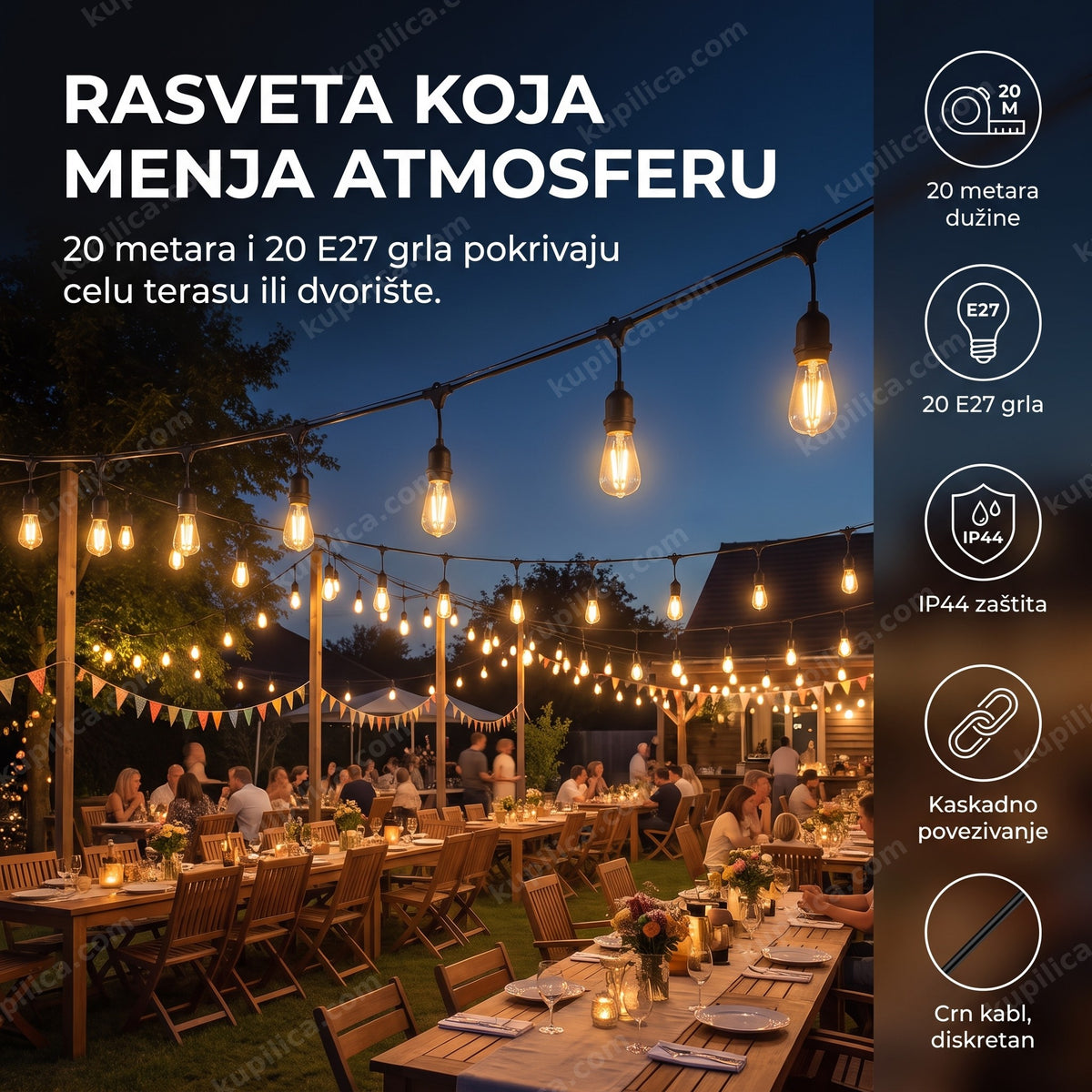Viseća rasveta za dvorište preko velike terase uveče, restoranska atmosfera