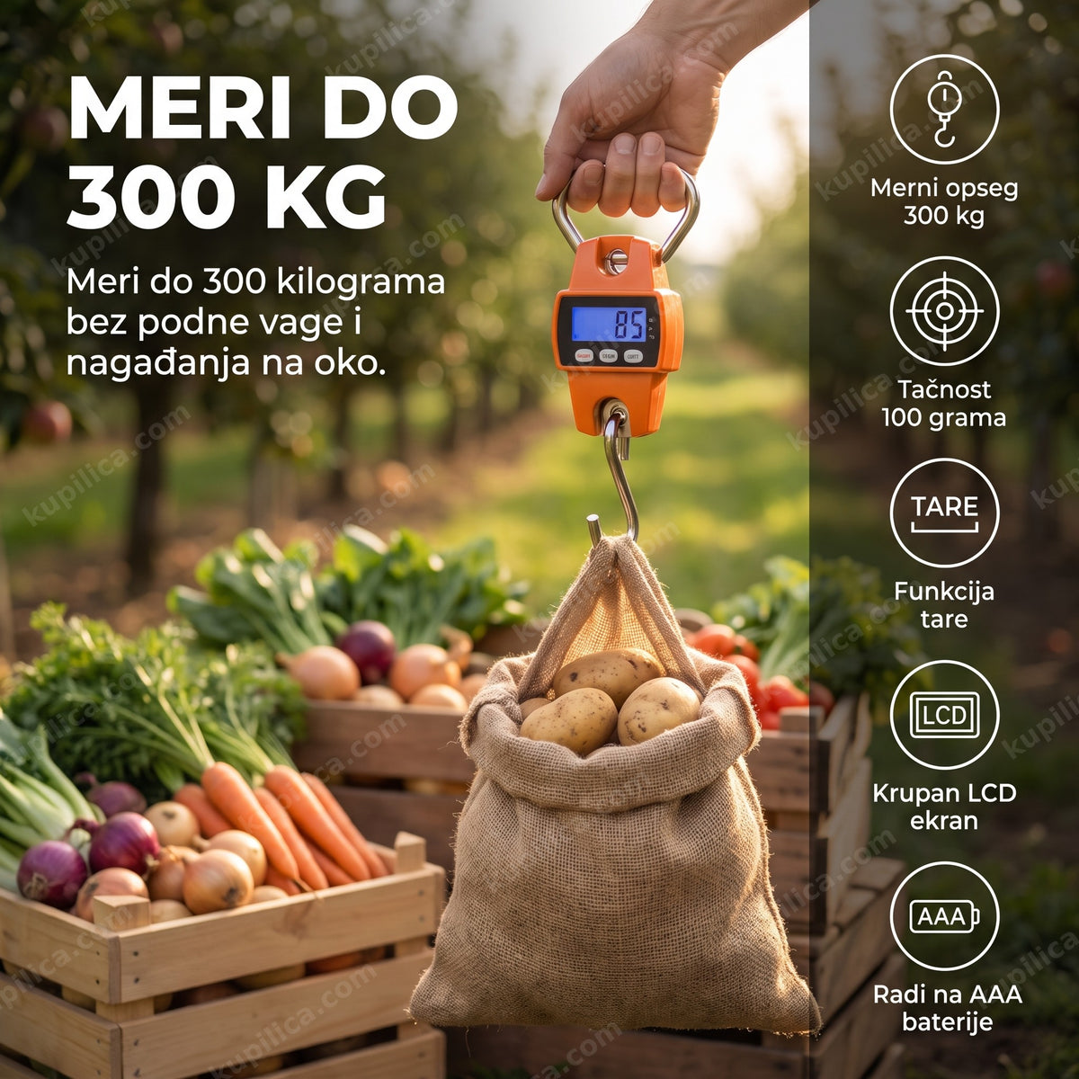 viseća vaga 300kg sa kukom u bašti meri džak krompira, benefiti proizvoda