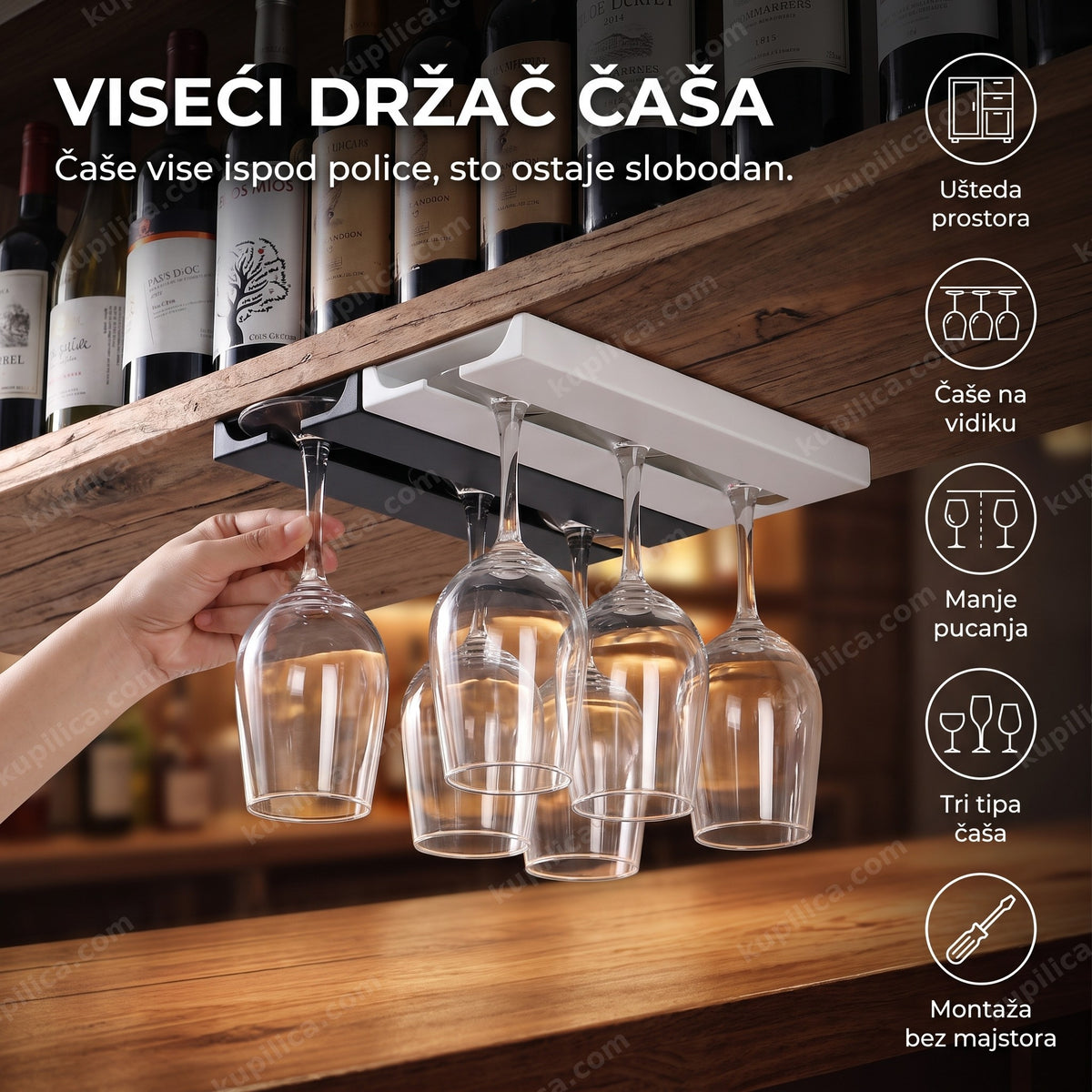 viseći držač čaša za vino okačen ispod police iznad bara, benefiti proizvoda