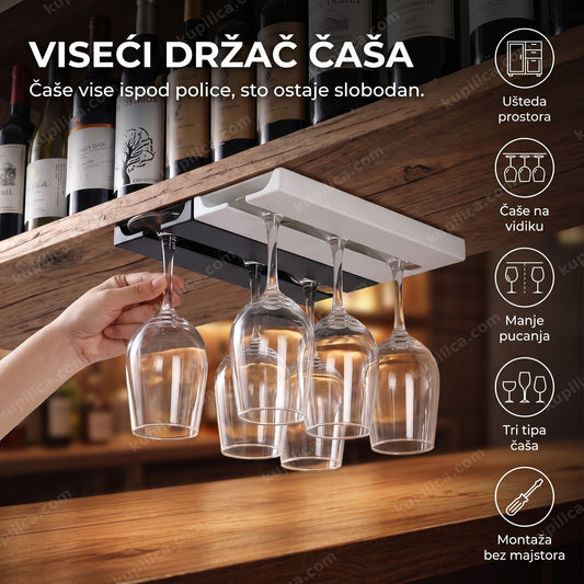 viseći držač čaša za vino okačen ispod police iznad bara, benefiti proizvoda