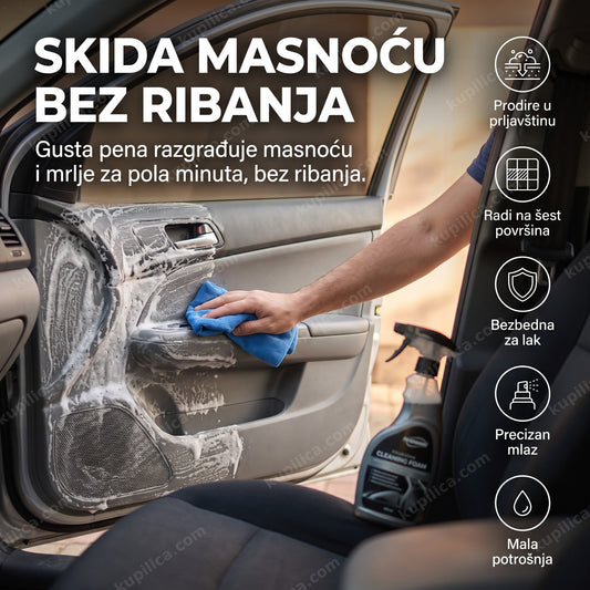 višenamenska pena za čišćenje auto sedišta sa prikazom benefita proizvoda