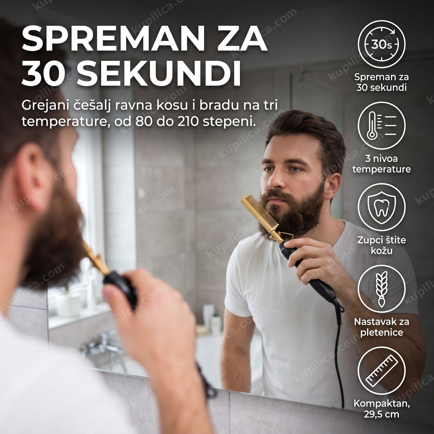 Osoba oblikuje bradu grejanim električnim češljem 3 u 1