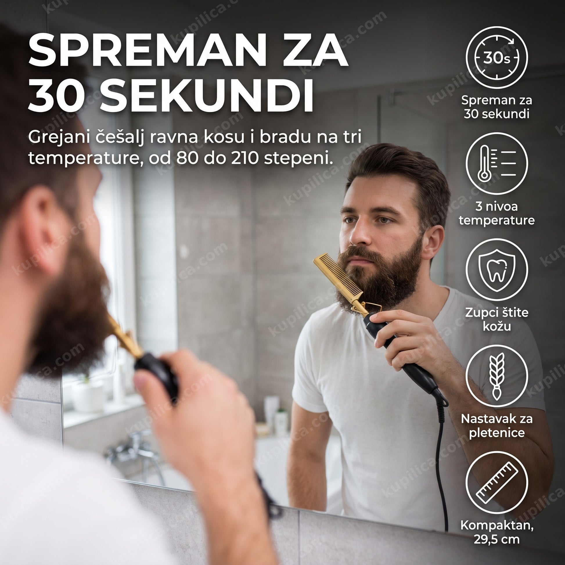 Osoba oblikuje bradu grejanim električnim češljem 3 u 1