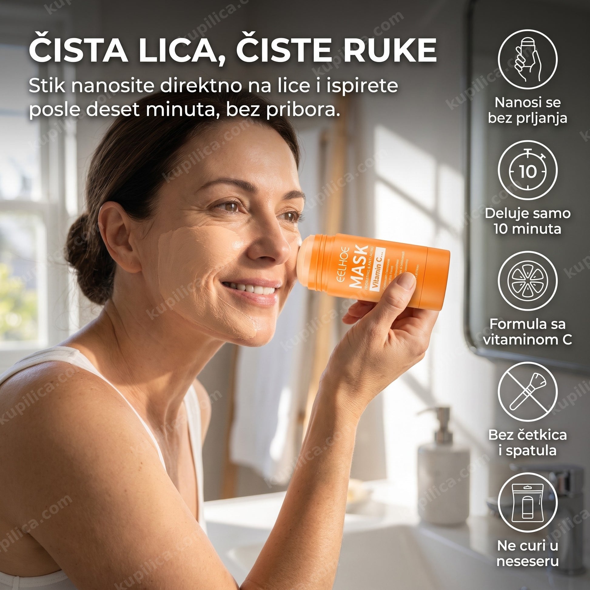 vitamin c maska za lice — nanošenje stik maske direktno na lice bez prljanja ruku
