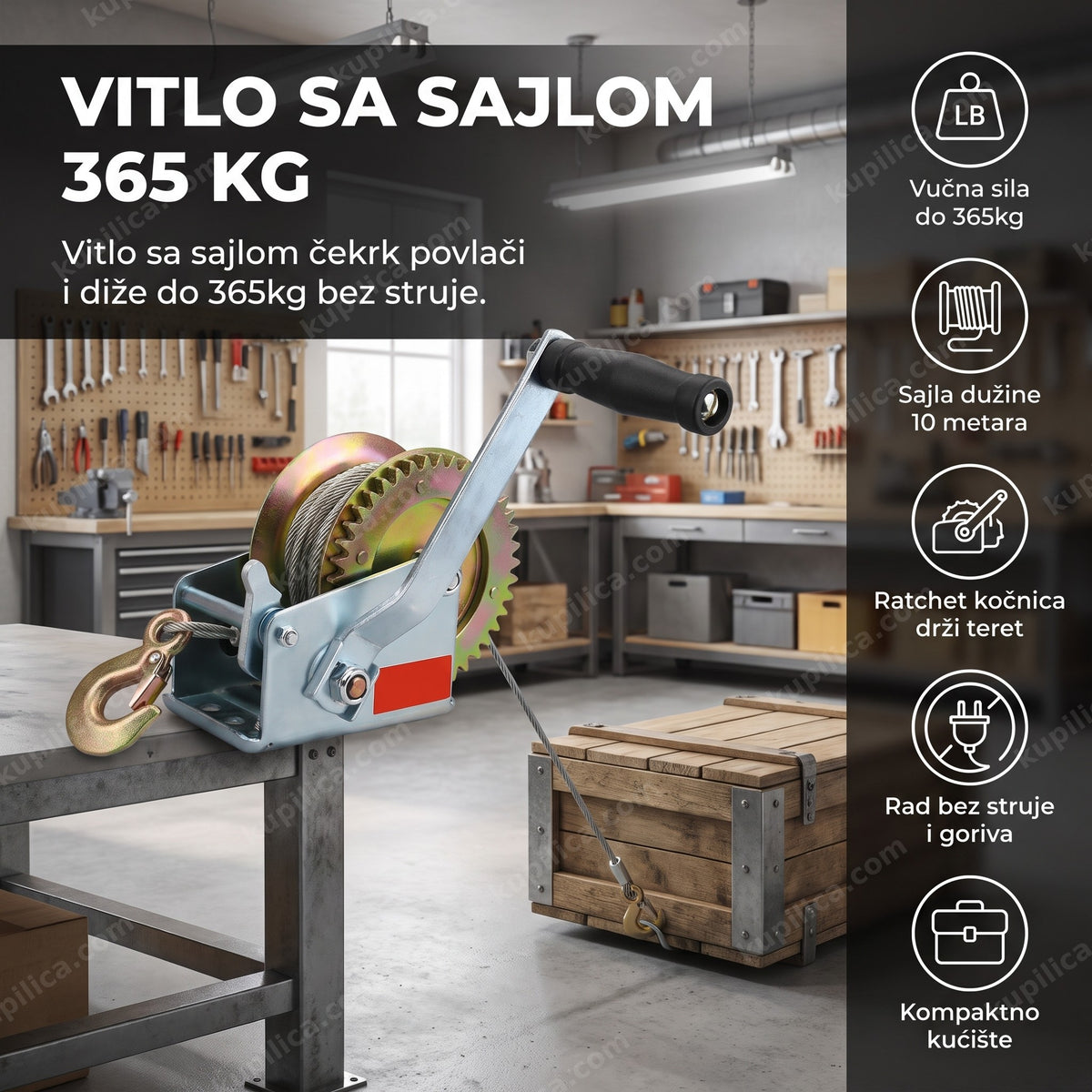 Vitlo sa sajlom 365 kg pomera tešku mašinu po podu radionice, benefiti proizvoda