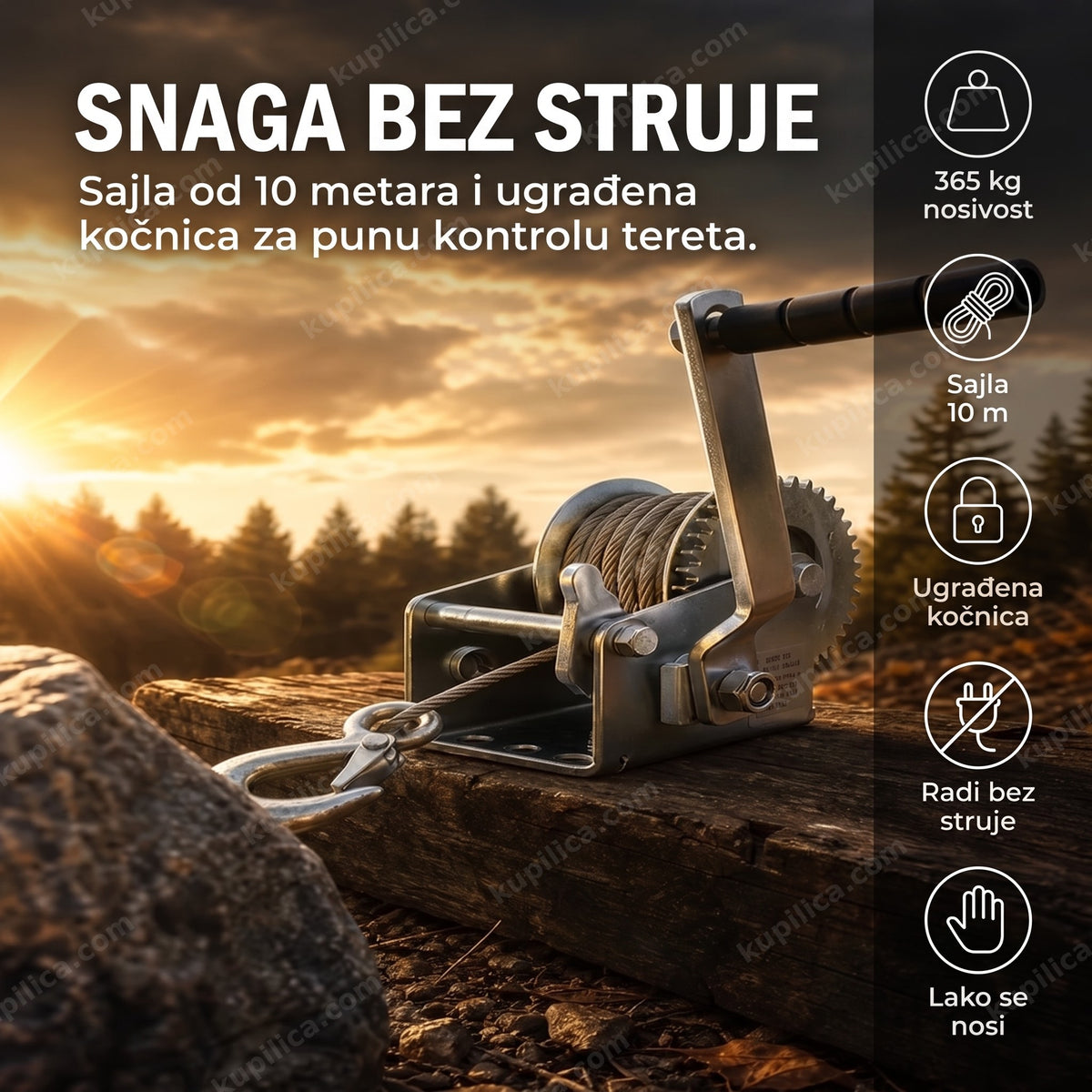 vitlo sa sajlom čekrk 365 kg — ručno vitlo montirano na drvenu gredu sa razvučenom sajlom