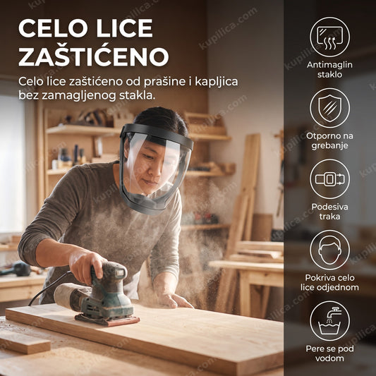 vizir zaštitna maska za celo lice na osobi tokom brušenja drveta, benefiti proizvoda