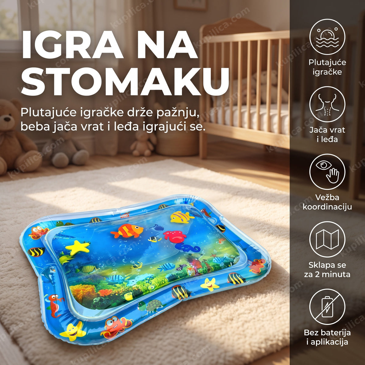 vodena podloga za bebe sa plutajućim igračkama na podu dečje sobe, benefiti proizvoda