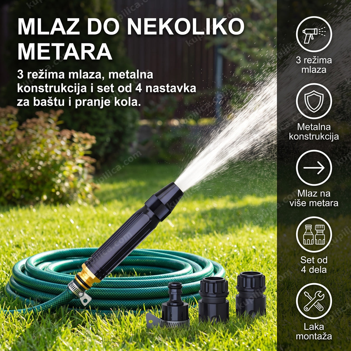 vodeni pištolj za baštu i pranje kola sa tri režima mlaza