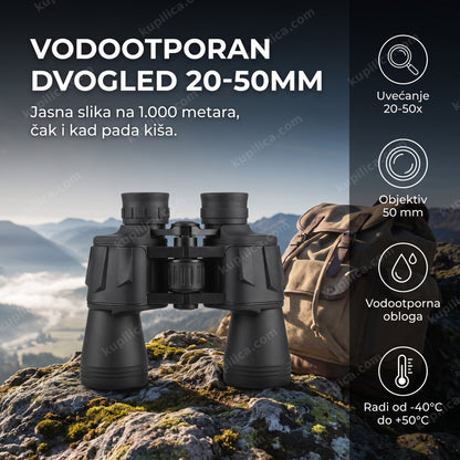 Crni vodootporan dvogled na steni sa pogledom na dolinu