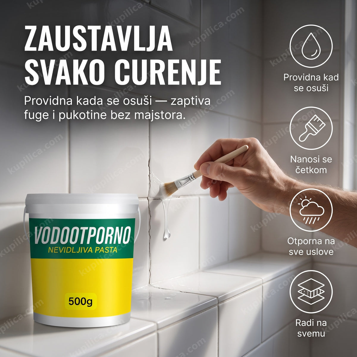prozirna vodootporna hidroizolacija nanesena četkom na fugu u kupatilu, benefiti proizvoda