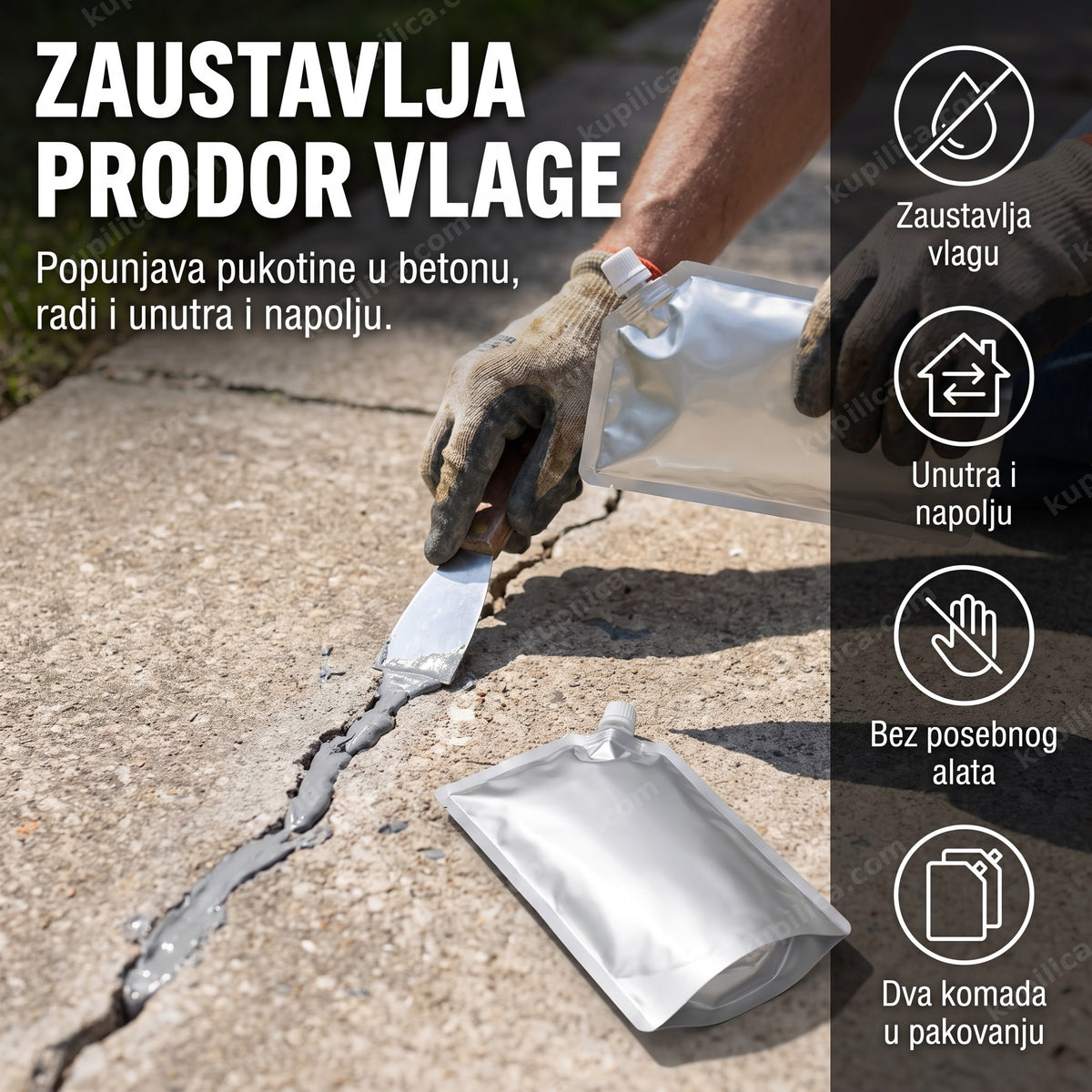 Nanošenje vodootporne mase u pukotinu betonske staze rukom u rukavici