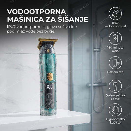 Vodootporna mašinica za šišanje sa kapljicama vode u kupatilu, prikaz benefita proizvoda